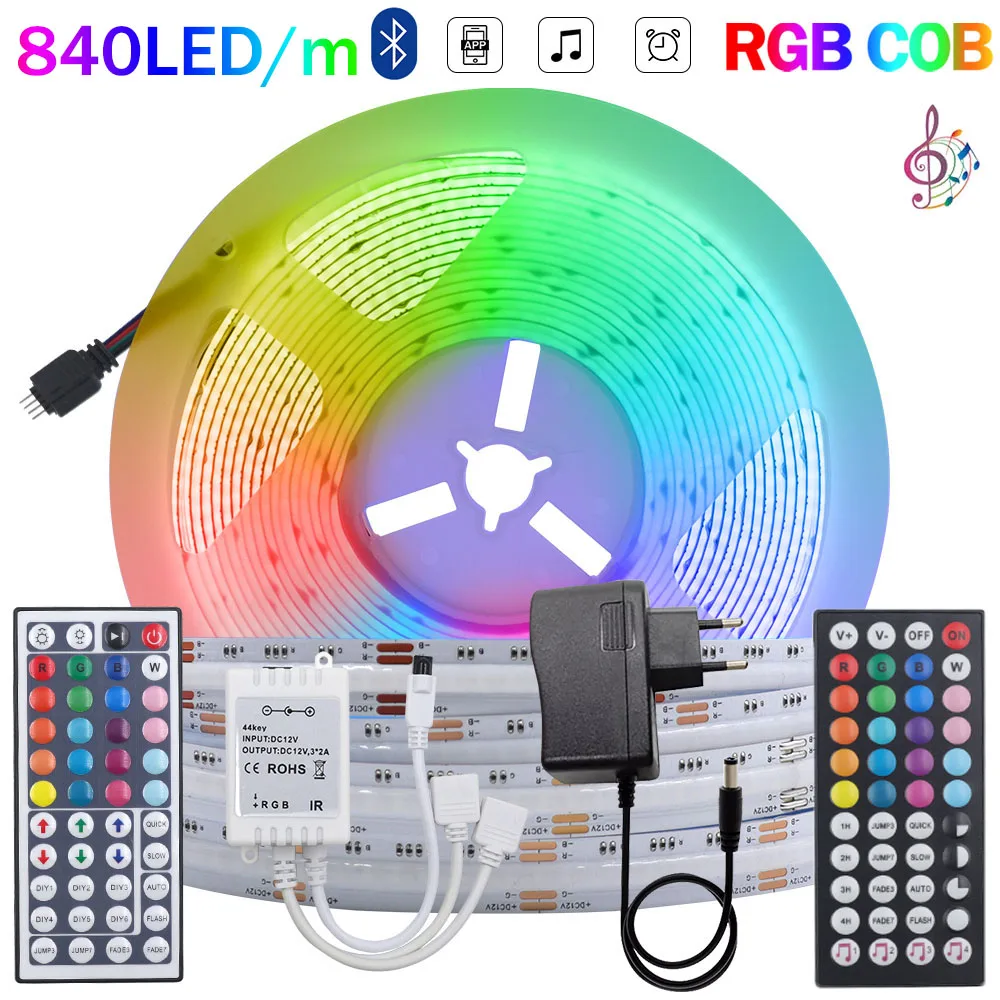 12V 24V Rgb Cob Led Strip Light 840Leds/M Bluetooth-Compatibile 44Key Remote Control Power Kit Led Tape Cob Light Per La Decorazione Della Stanza