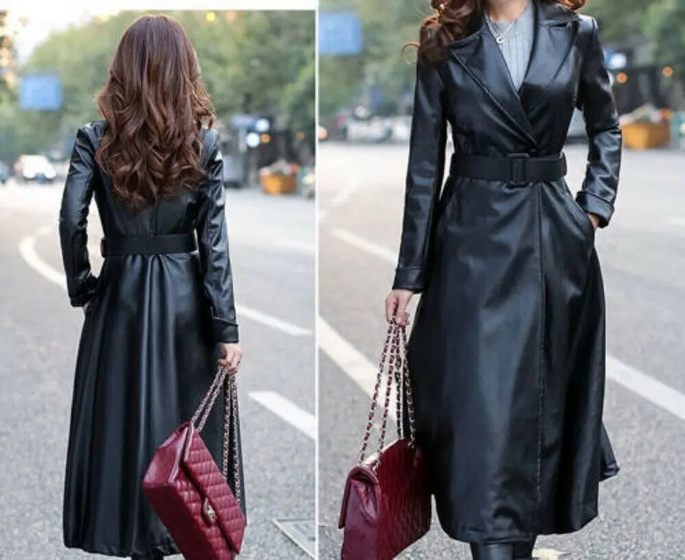 Women Leather Trench Coat Stylish Long Coat with Formal Wear Dress Genuine Leather Jacket