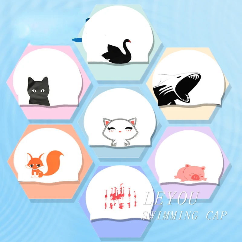 Soft Silicone Swimming Cap Cartoon Cat Pig Skark Animal Swimming Accessories Pool Equipment High Elestic Teen Adult Universal 2