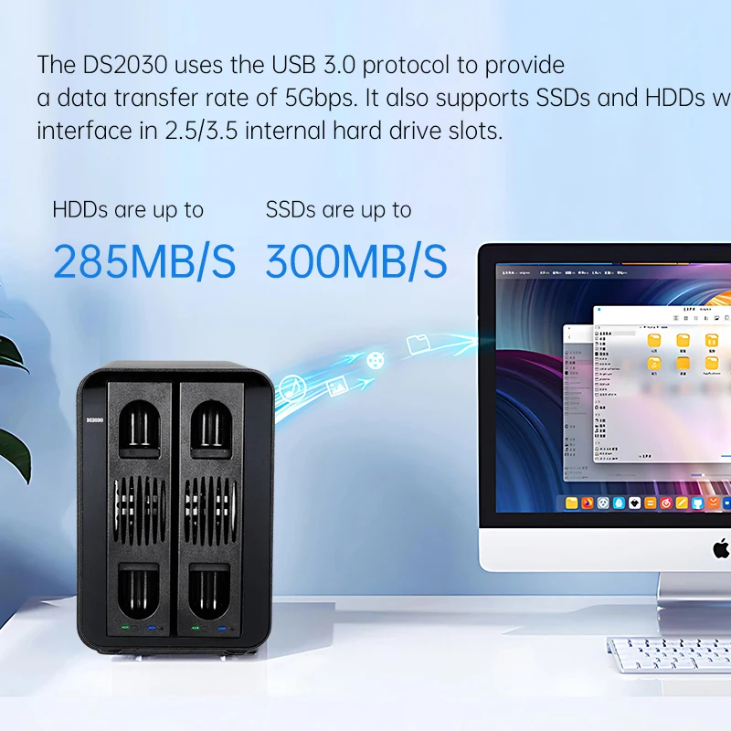 【3년 보증 번들】Hoodblue DS2030 듀얼 베이 USB 3.0 하드 드라이브 인클로저는 RAID 60TB 대용량 외장 스토리지를 지원합니다.