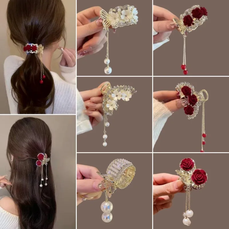 

Fashion Pearl Tassel Grip Hair Clip Women Ponytail Buckle Cute White Lotus Hair Accessories for Women Girls Headwear Gift 2024