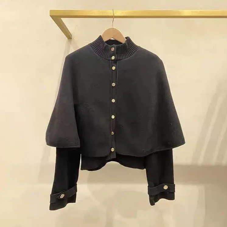 High-End Version European Design Bla f-High Collar Long Sve Knitted awl Sle Cardigan Coat for Women Spring 2025