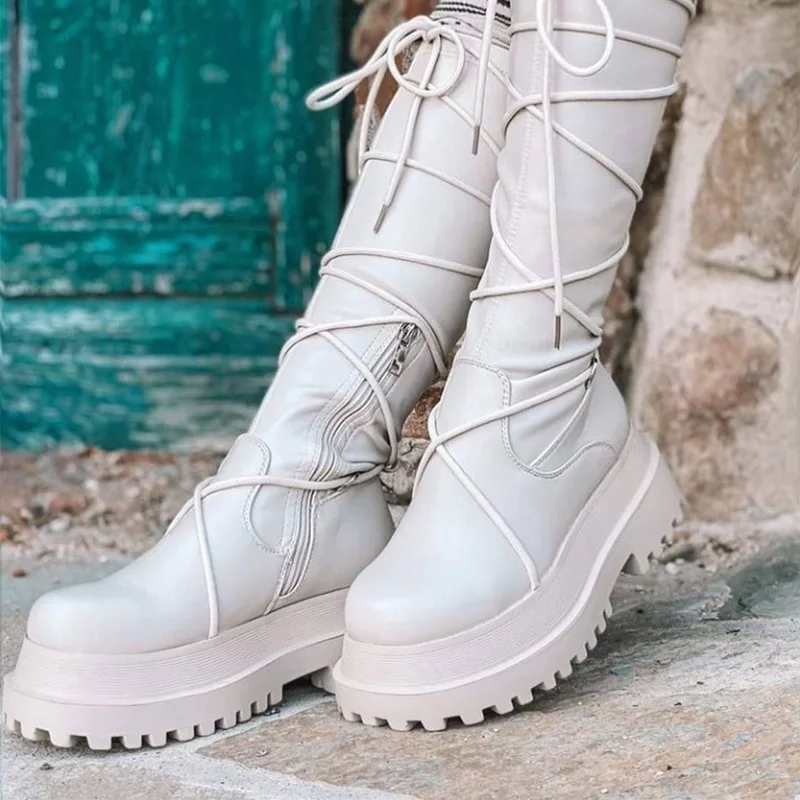 

2022 New Women Knee High Boots Female Fashion Platform Thick Bottom Cross-Strap Long Boot Ladies Zipper Plus Size Stretch Shoes