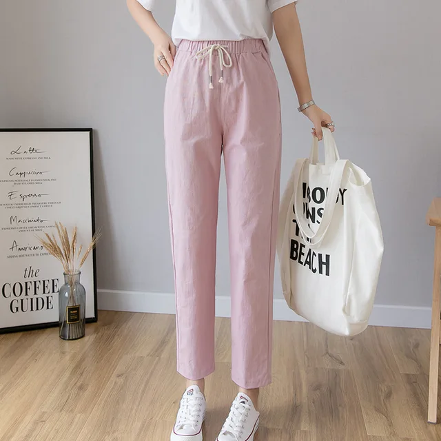 Women Casual Harajuku Long Ankle Length Trousers 2022 Summer Autumn Large Solid Elastic Waist Cotton Linen Pants Black Pants Pink
