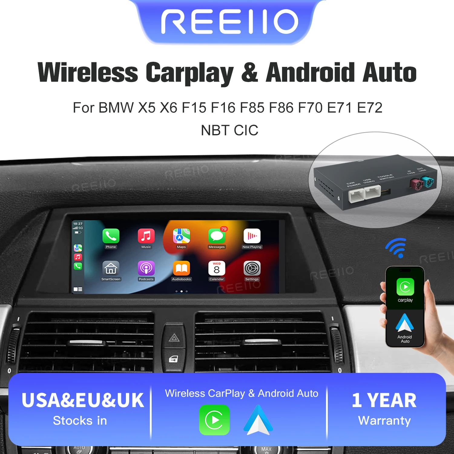 REEIIO Bezprzewodowy CarPlay dla BMW X5 X6 F15 F16 F85 F86 F70 E71 E72 NBT CIC z obsługą Android Auto, AirPlay, mirroringu i kamery