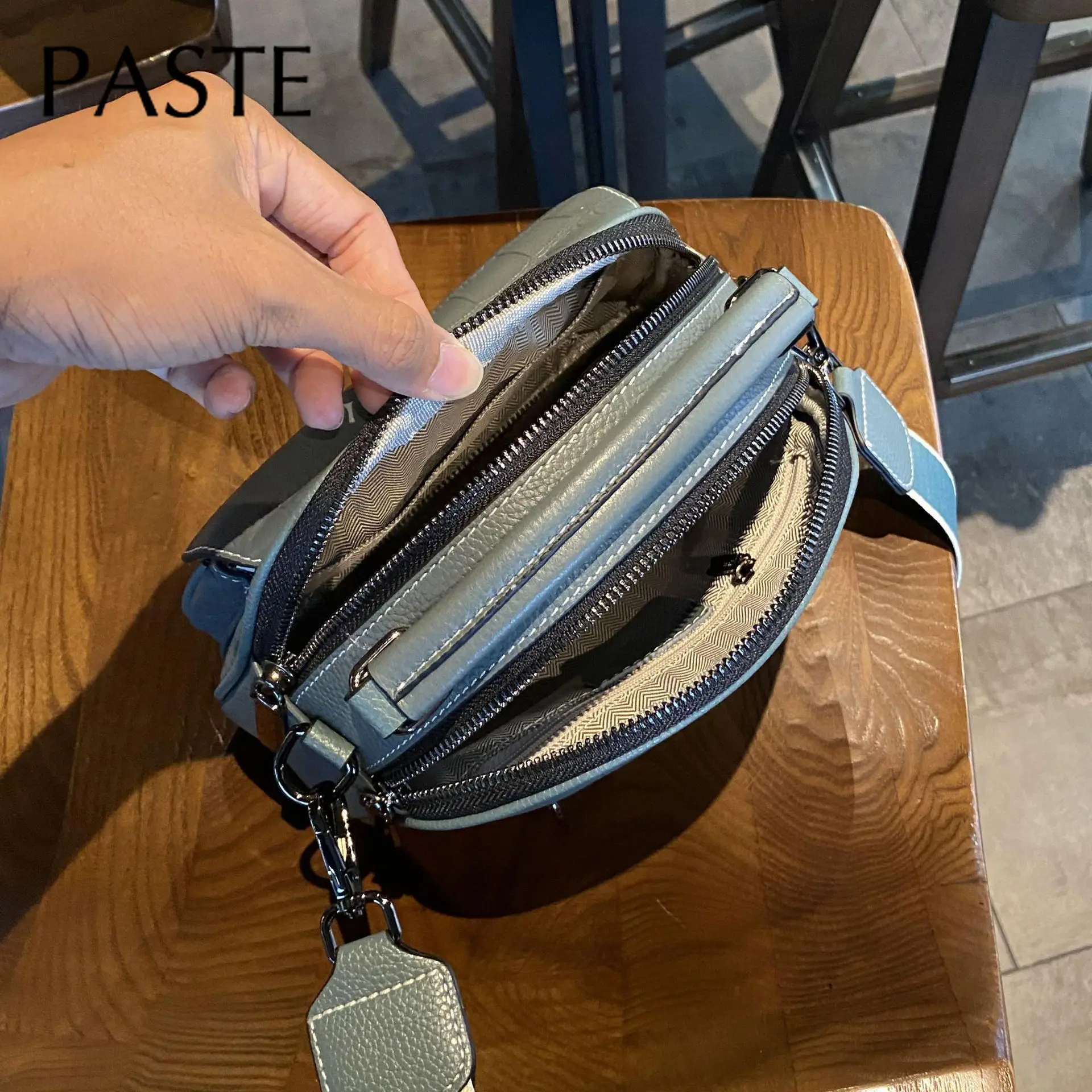 Stone Pattern Real Leather Women Shoulder Bag 23cm Beige Blue 