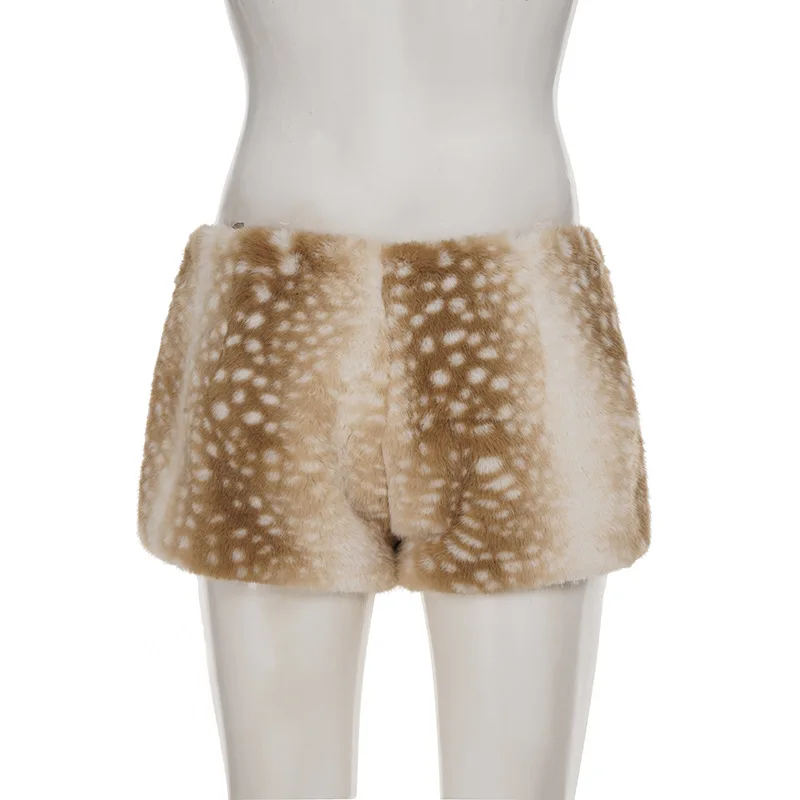 2025 Fall Winter Deer Pattern Print Furry Shorts Women Fashion Low Waist Faux Fur Night Clubwear Casual Streetwear Bottoms 5