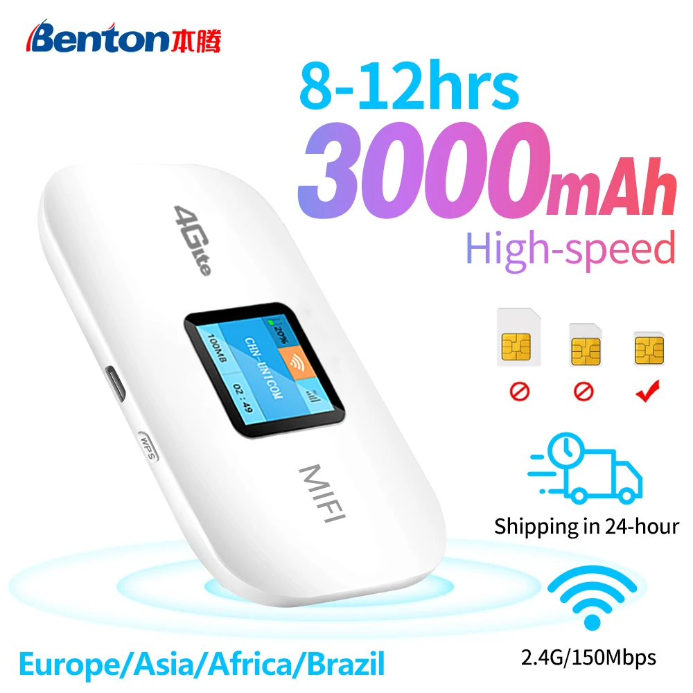 Benton 와이파이 라우터 4G Lte 무선 휴대용 잠금 해제 모뎀, 미니 야외 핫스팟, 150mbps 포켓 Mifi SIM 카드 슬롯 리피터, 3000mah 
