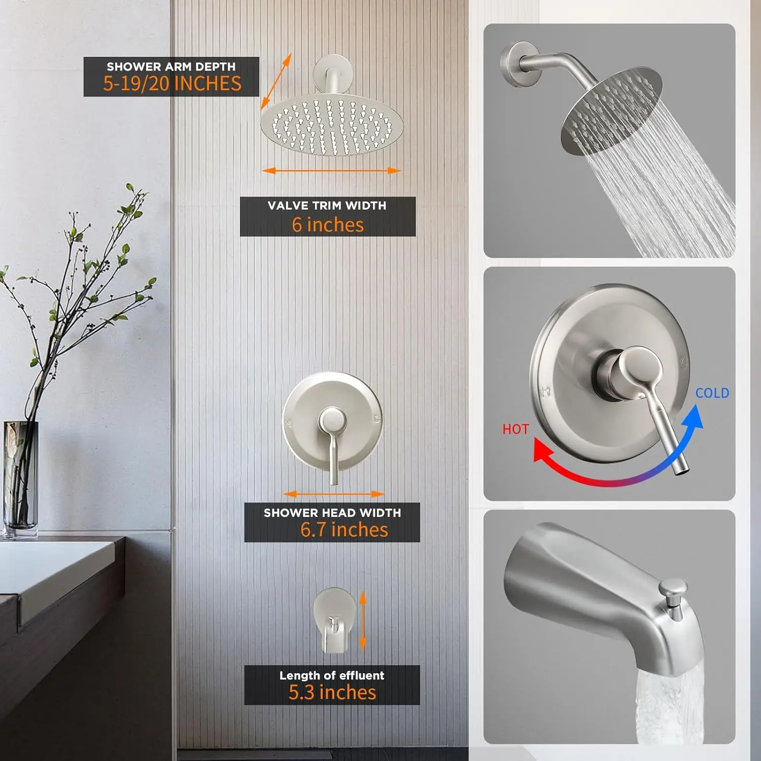 Tub Shower Faucet Set (Valve Included) with 6-Inch Rain Shower Head and Tub Spout Single-Handle Tub and Shower Trim Kit Brushed 3