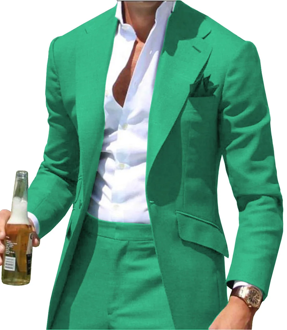

Fashion Green Men Suit Set Slim Fit Business Suits Causal Suits Groom Tuxedos For Wedding Costume Homme 2PCS(Blazer+Pants)