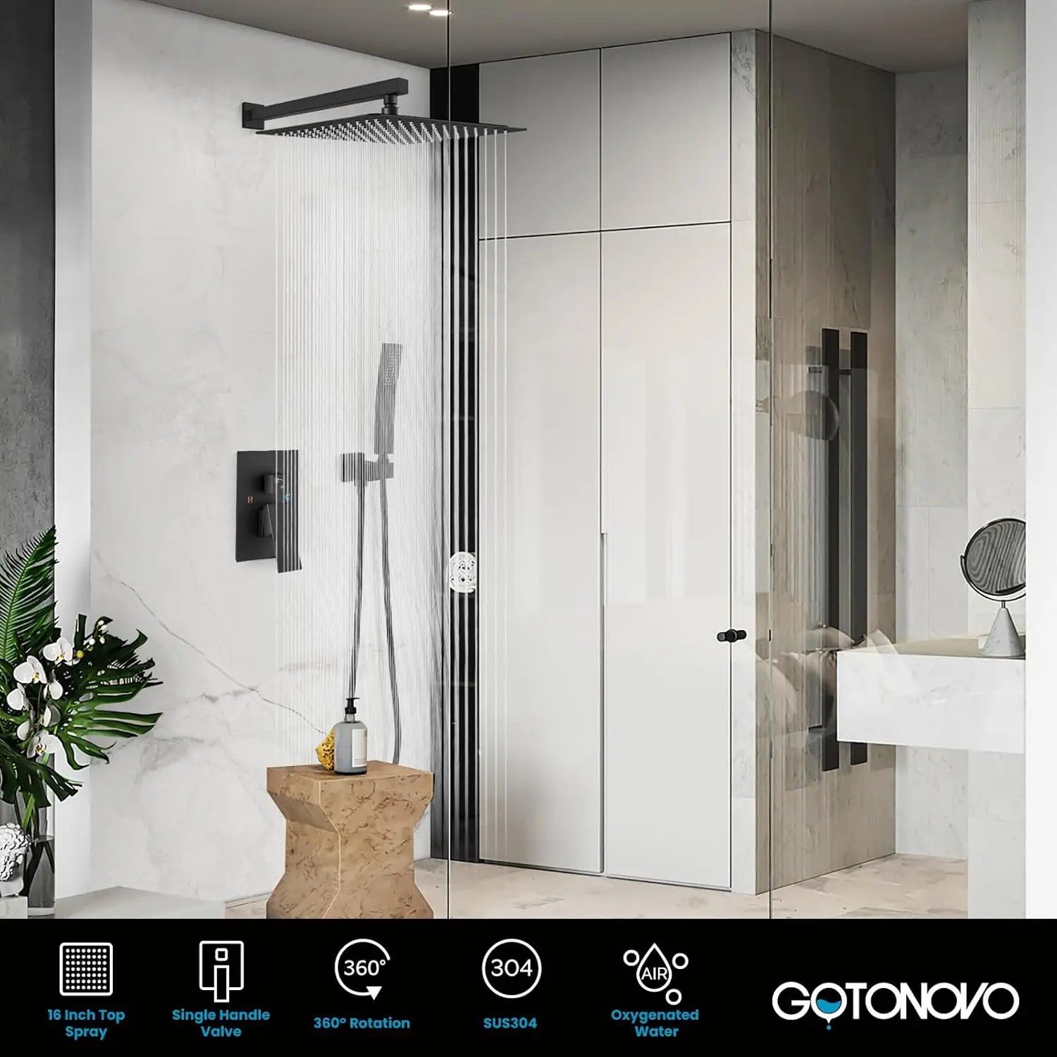 Rainfall Bathroom Shower System Rain Head and Handle Set Wall Mounted Shower Pressure Balancing