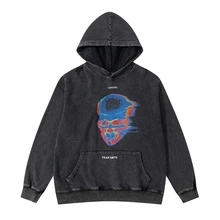 

New Hoodies With Hat Women High Street Retro Wash Distressed Skull Hip Hop Trend Graphic Unisex Essentials Hoodie RAINBOWWAVES