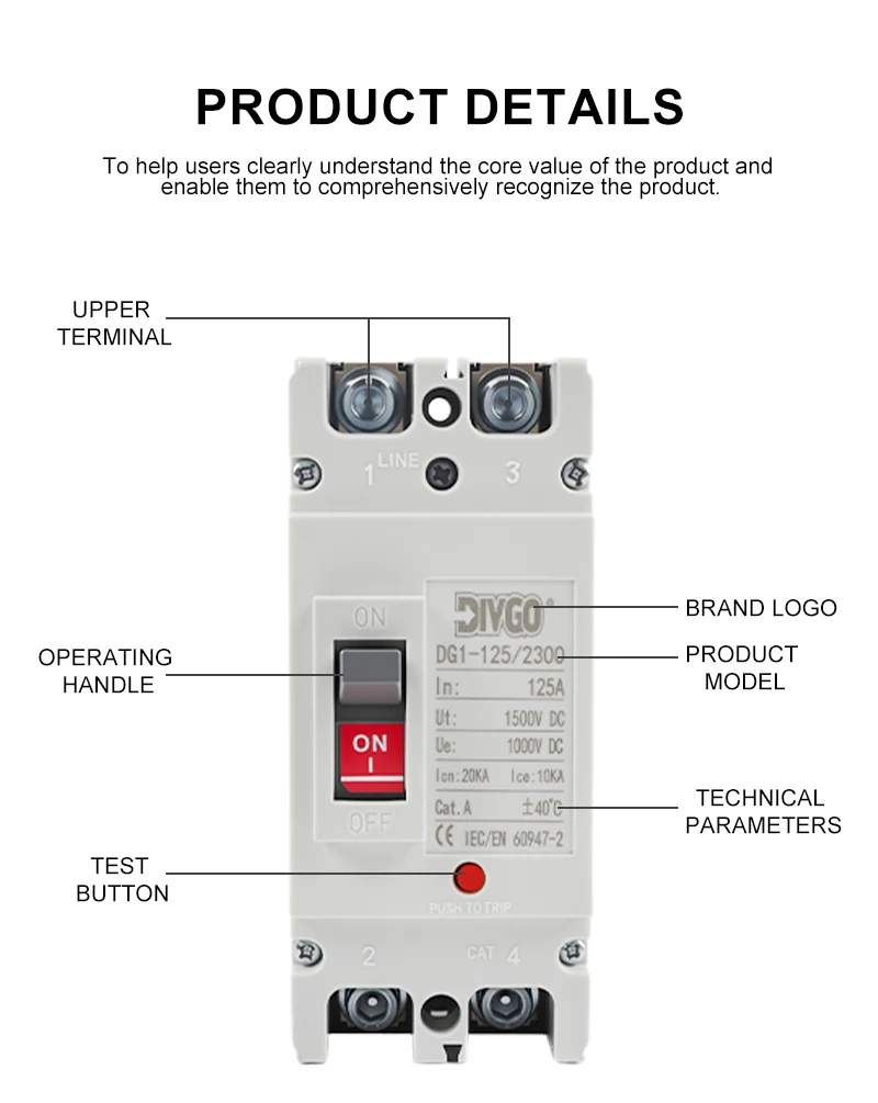 MCCB PV 1000 V DC Kompaktleistungsschalter Überlast-/Kurzschutzschalter Schutz Photovoltaik 150 A 250 A CE-Zertifizierung – Detail 4