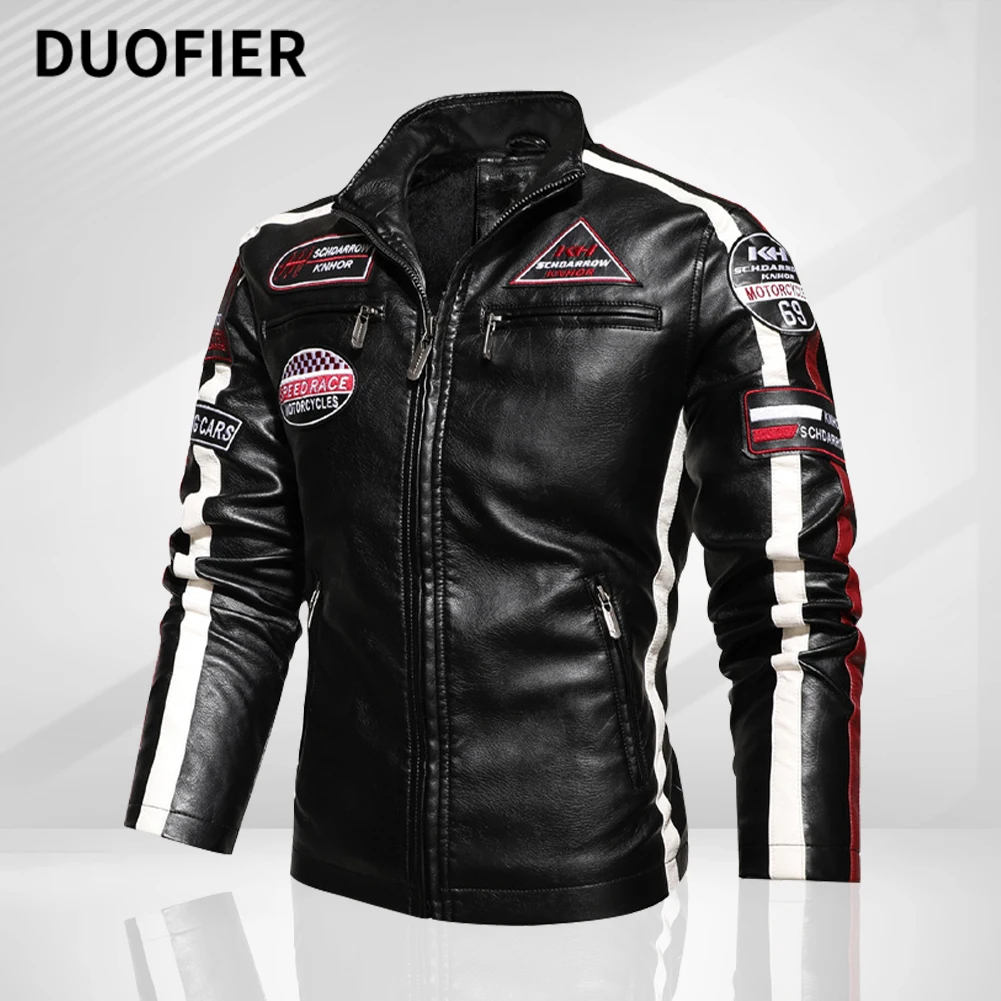 

Vintage Men PU Leather Jacket Motorcycle Biker Jackets Casual Patchwork Zipper Overcoat Male Embroidery Slim Fleece Winter Coat