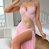 Pink Flower Printed Women Open Back Split Nightdress Homewear Lace Sexy V-Neck Perspective Summer Thin Breathable Slip Sleepwear - Image 6