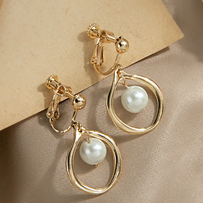 trendy male earrings GRACE JUN Korean Design Simulated Pearl Screw Clip on Earrings Non Pierced Baroque Rhinestone Ear Clip Women's Jewelry Wholesale trendy traditional earrings Trendy Earrings