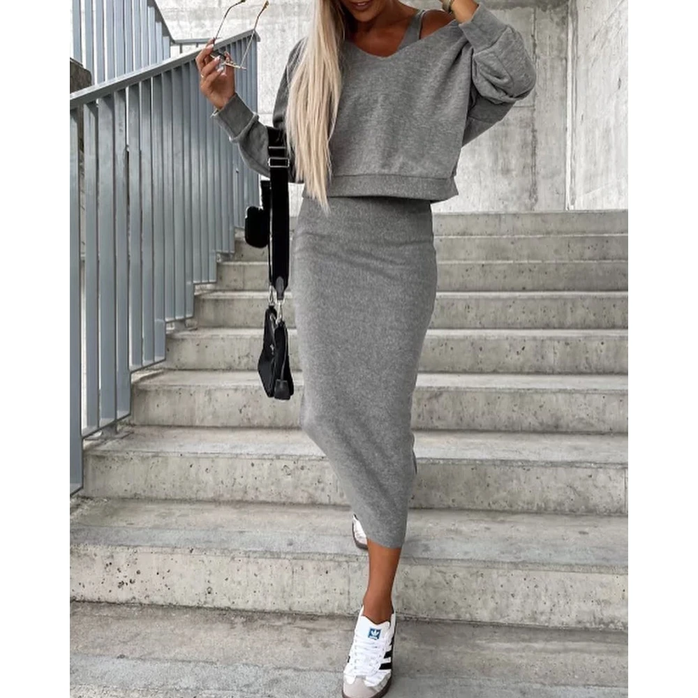 2024 Autumn Women V-Neck Sleeveless Tank Midi Bodycon Dress & Long Sleeve Crop Top Set Two Pieces Dress Suit Set Korean Style