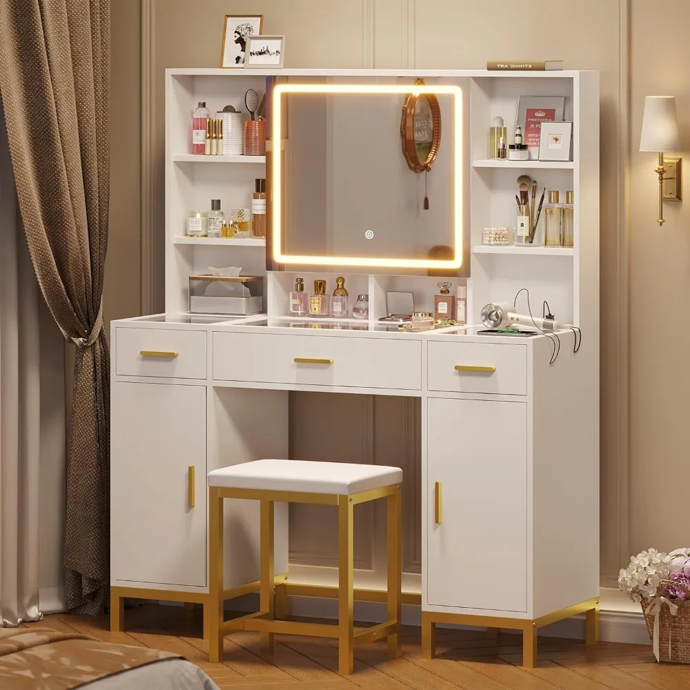 

Desk with Openable Mirror and Lights, Glass Tabletop Makeup Vanity Set with Charging Station, White Vanity Table with
