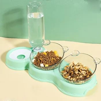 Pet Cat Automatic Feeder Plastic 3-in-1 Dog Food Bowl Double Bowls Automatic Water Reservoir Drinker Cat Feeding Accessories 5