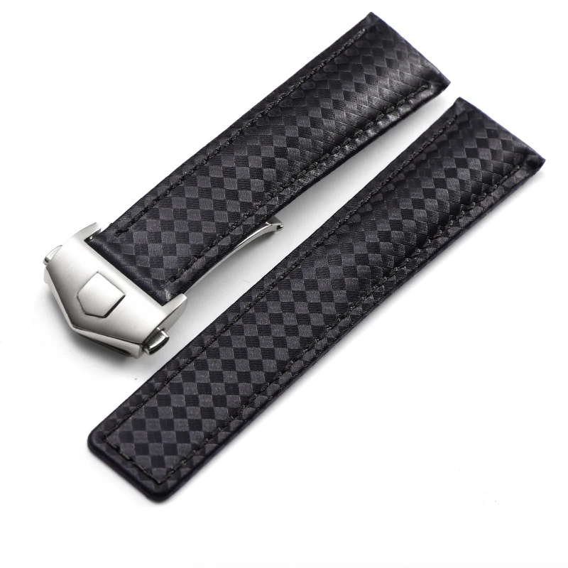 Elegant Cowhide Leather Watchband with Metal Folding Buckle - Black/Red
