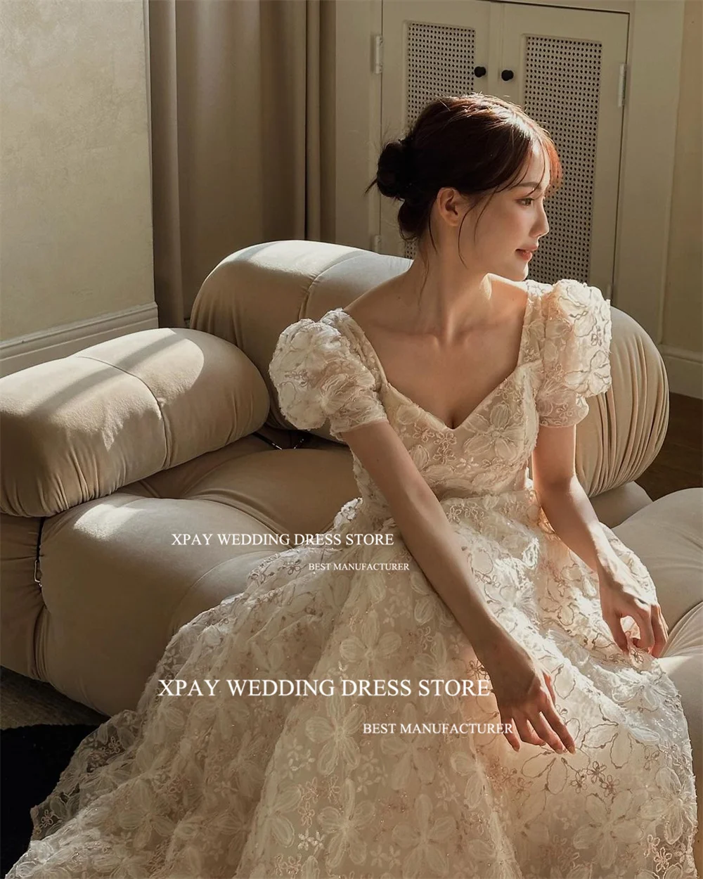 XPAY Princess Lace Korea Wedding Dresses A Line Draped Short Puff Sleeve Backless Bridal Gown Photos Shoot Custom Bride Dress 3