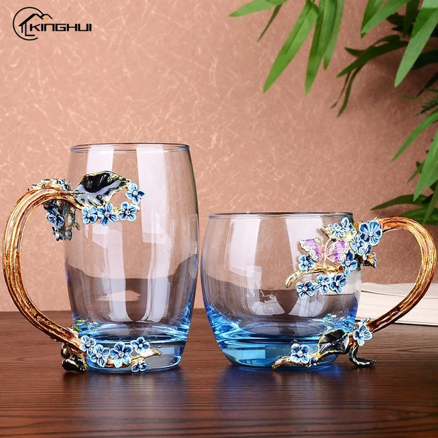 Tasse à thé en émail avec fleur sculptée, verre à eau en cristal