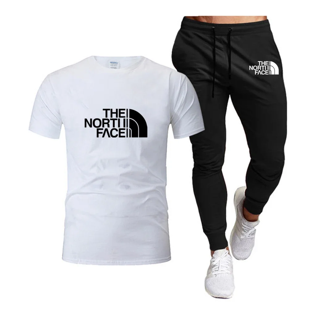 

Heren Trainingspak 2 Delige Set Mode Zomer Korte Mouw 100% Katoenen T-Shirt + Lange Broek Mannelijke Kleding
