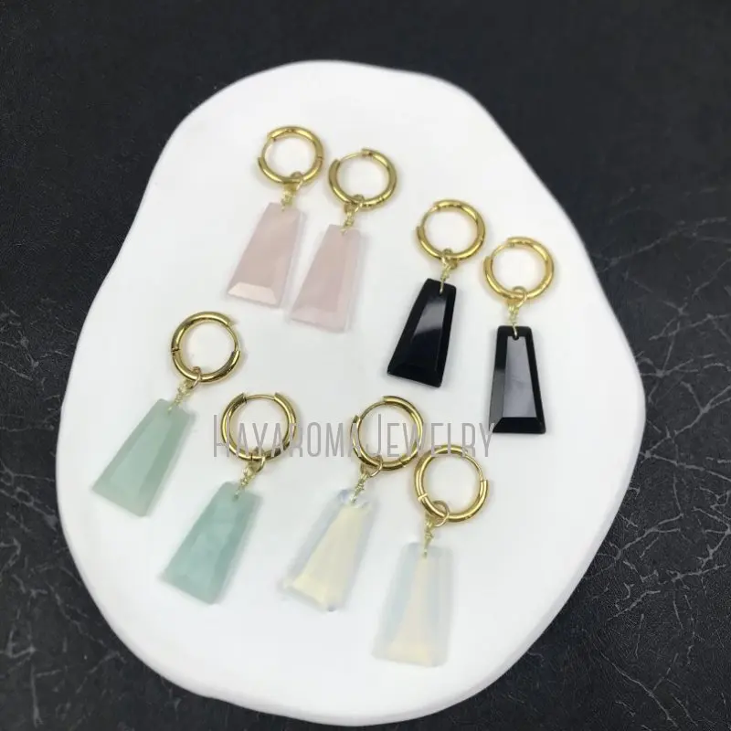 

ER45479 Rose Quartz Black Obsidian Amazonite Opal Crystal Coffin Dangle Earrings 18k Gold Plated Stainless Steel Hoops Huggie