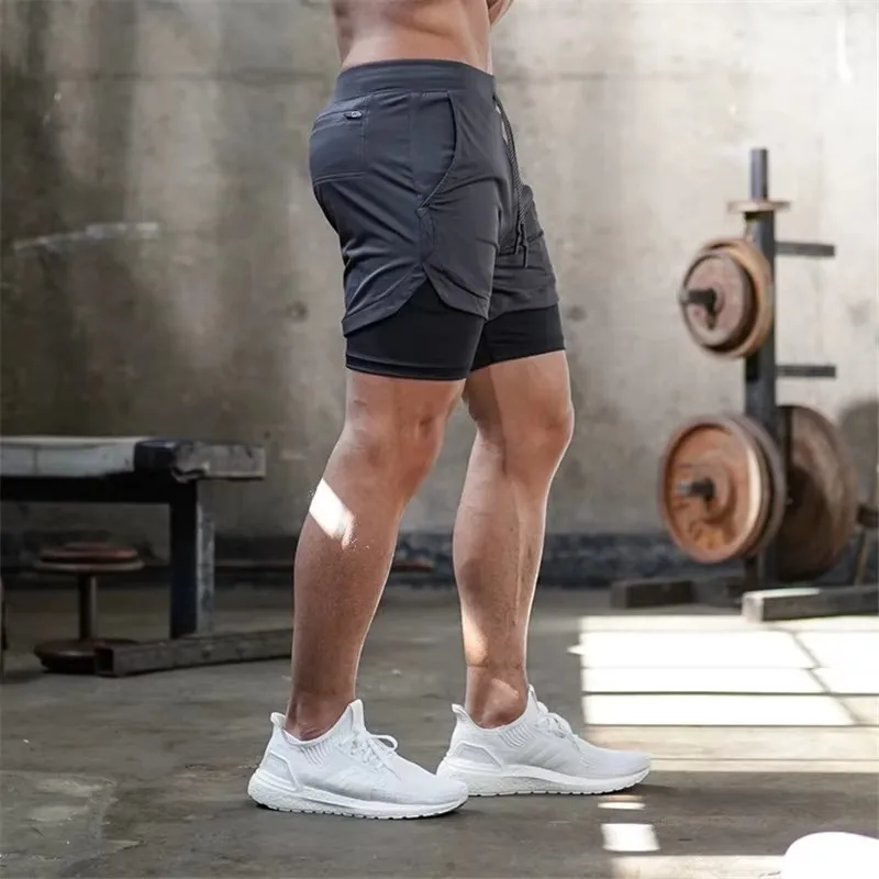 Men Sport Shorts Summer 2 In 1 Double-deck Quick Dry GYM Sport Shorts Fitness Jogging Workout Shorts Running Short Pants Men 2