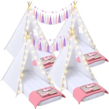 4 Pack White Kids Teepee Tent for Slumber Party, Sleepover Party Tent Supplies for Girls with Air Mattress Bedding Fitted Sheet