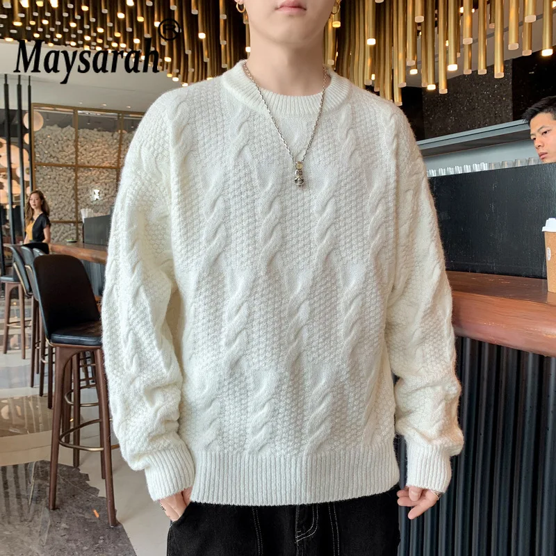 2024 New Men's Round Neck Sweater Autumn Winter Fashion Thickened Thermal Undercoat Fried Dough Twists Coarse Sweater Top HH007