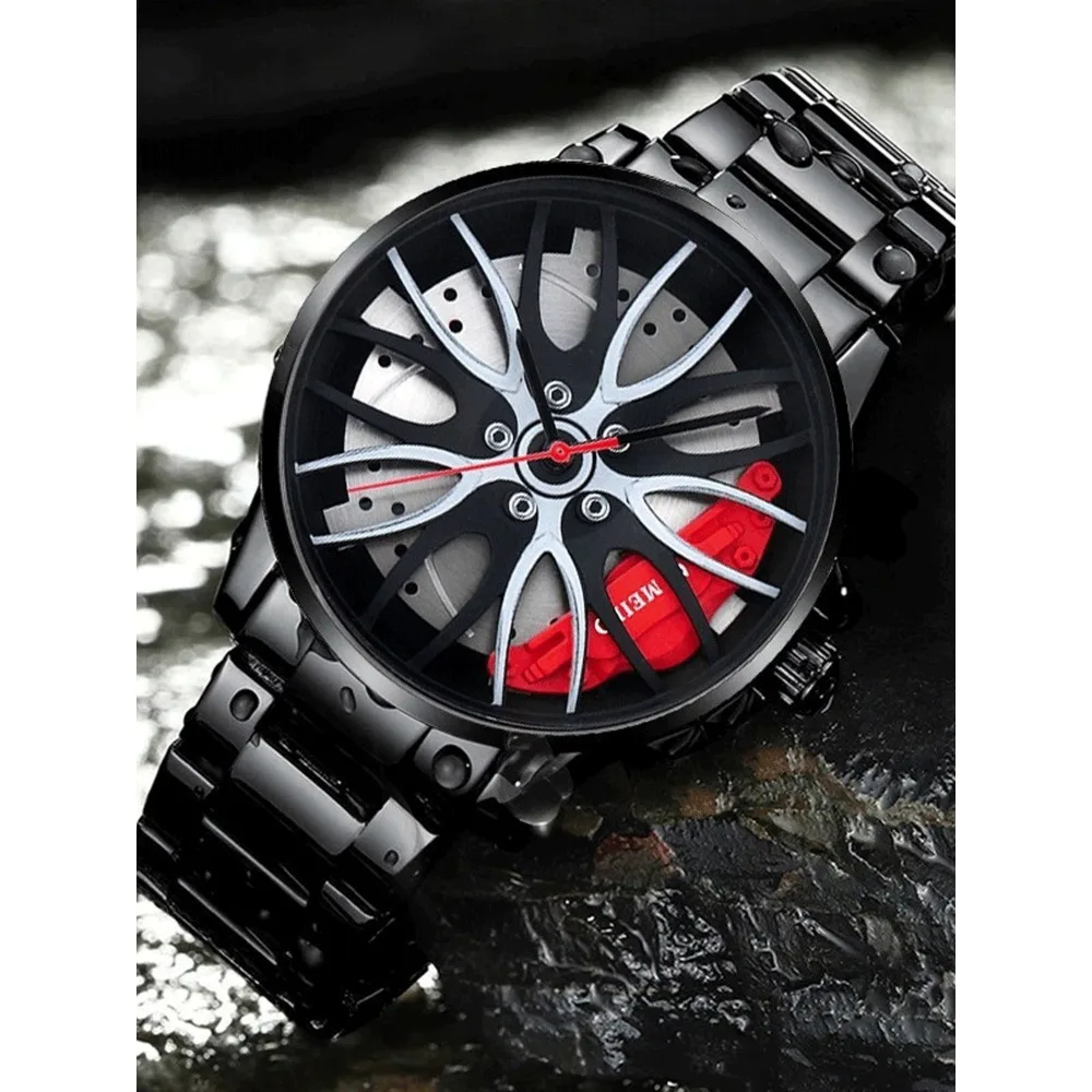 Trendy wheel shaped men's steel strap watch, personalized fully automatic quartz movement men's watch
