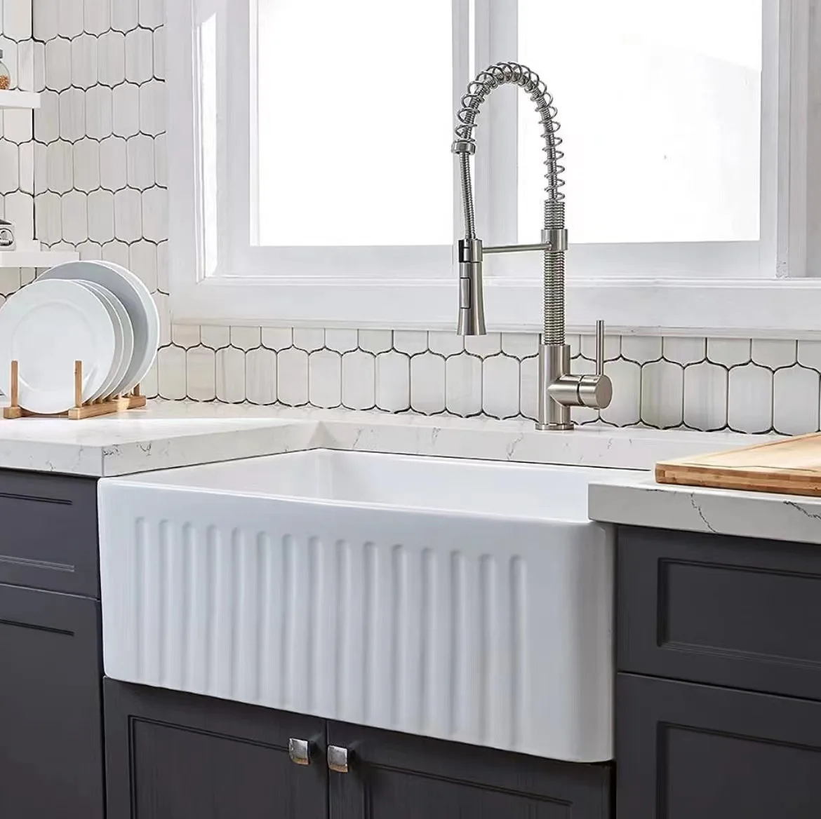 

American kitchen front semi-embedded ceramic sink dish basin large ultra-deep rectangular basin under the balcony