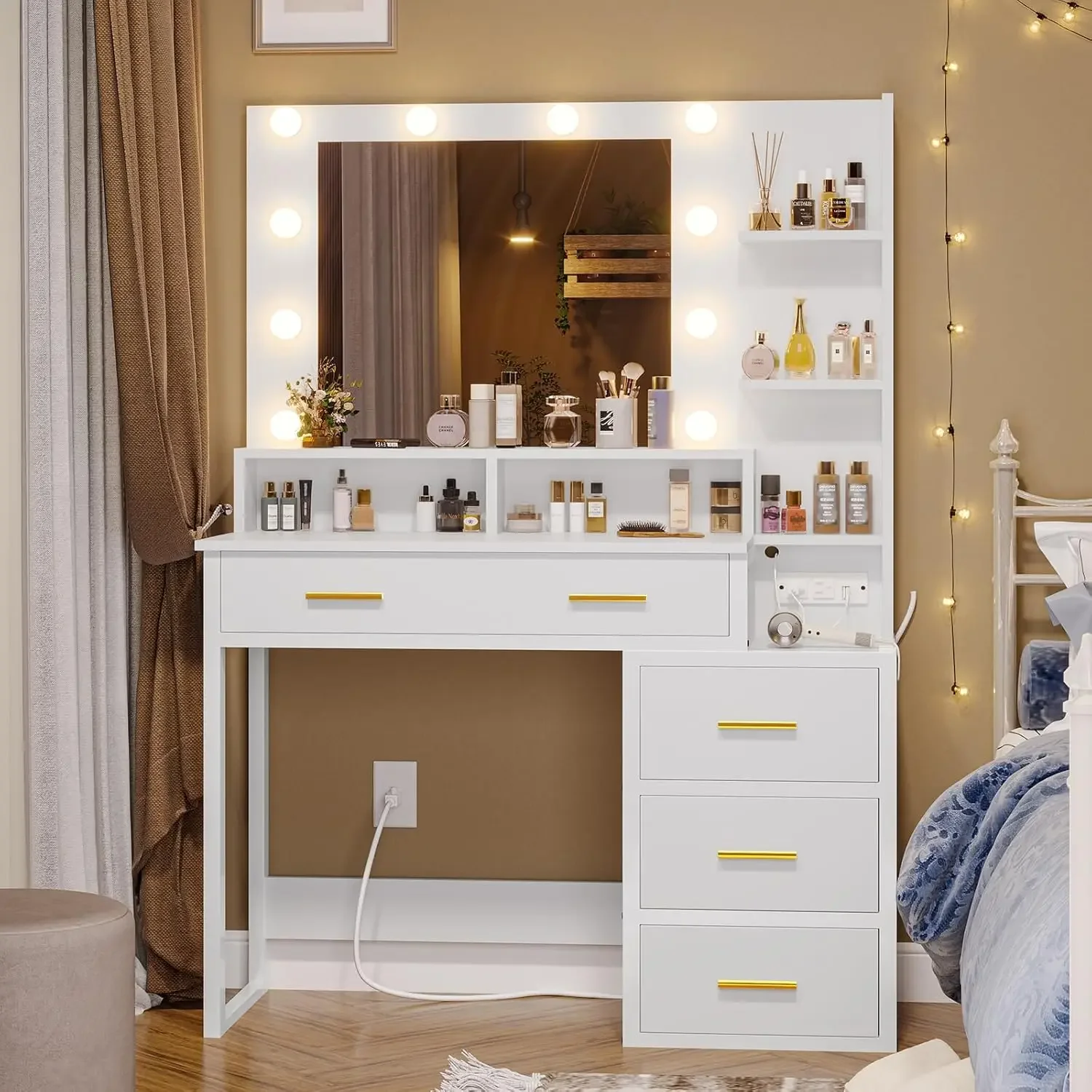 Makeup Vanity with Lights, Vanity Desk with Charging Station, White Vanity Table with 10 Light Bulbs Mirror & 3 Lighting Modes 4