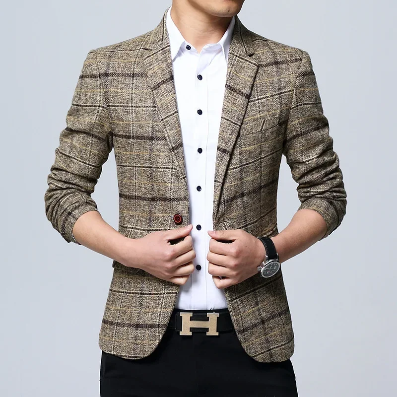 Autumn Men's Plaid Single Western-style Blazer Slim Fit Korean Youth Fashion Solid Color Simple Style Casual Wedding Suit 2