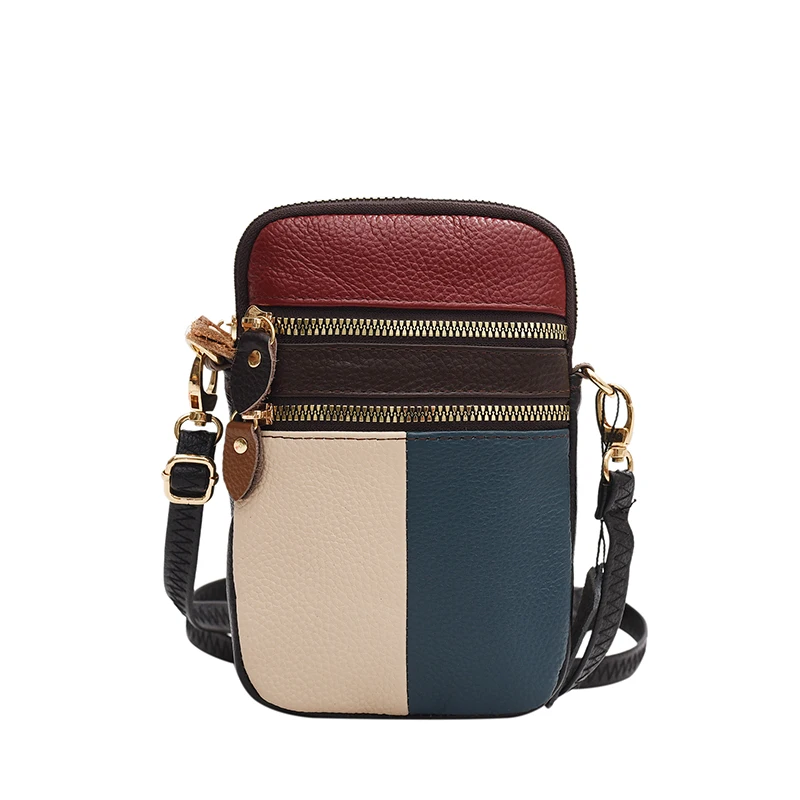 Genuine Leather Women Shoulder Bag Multi Zipper Soft Cowhide Girls Small Mobile Phone bag Color Stitching Color Random shoulder bag,leather handbag
