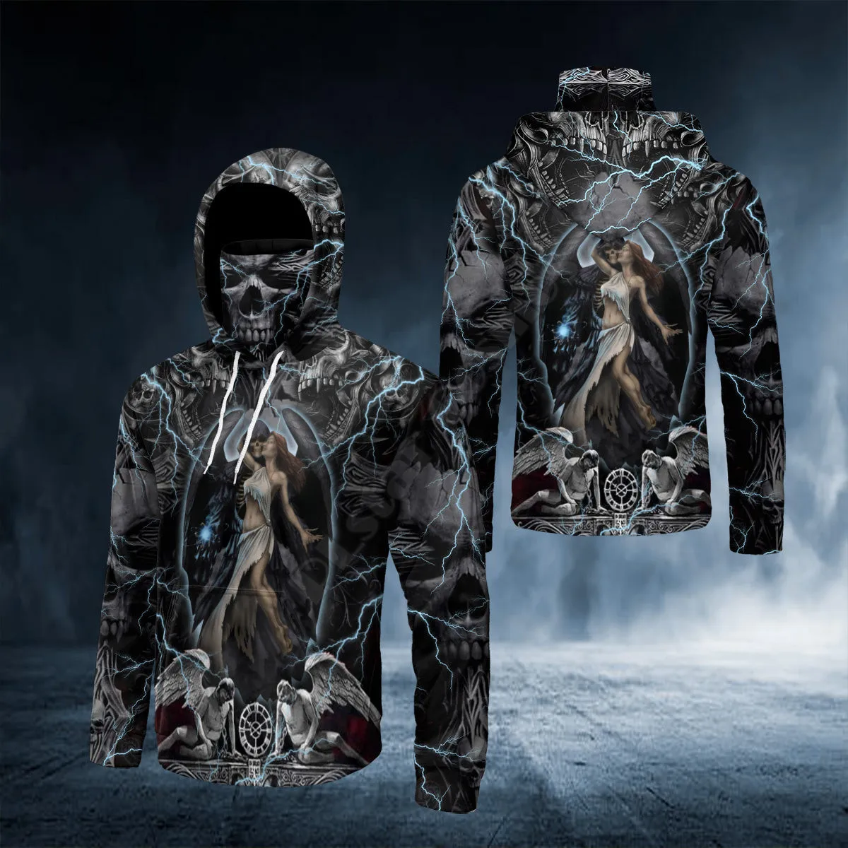 Death And Angel Forbidden Couple Love Skull 3D Printed Bandana Hoodie US Size Women For Men Casual Pullover Hoodie Mask Warm