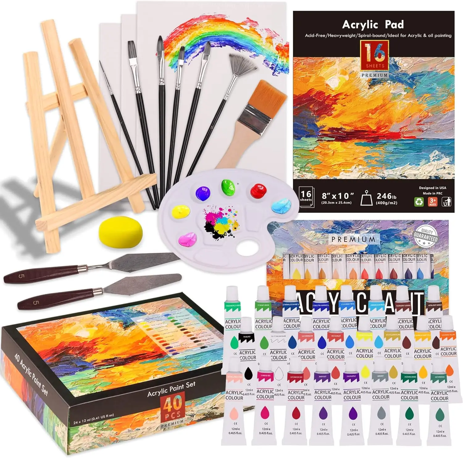 Acrylic Paint Set 56 pcs,Painting Supplies with 24 Acrylic Paint,16 Sheets Pad,Painting Brushes,Canvas,Palette,Easel Kit
