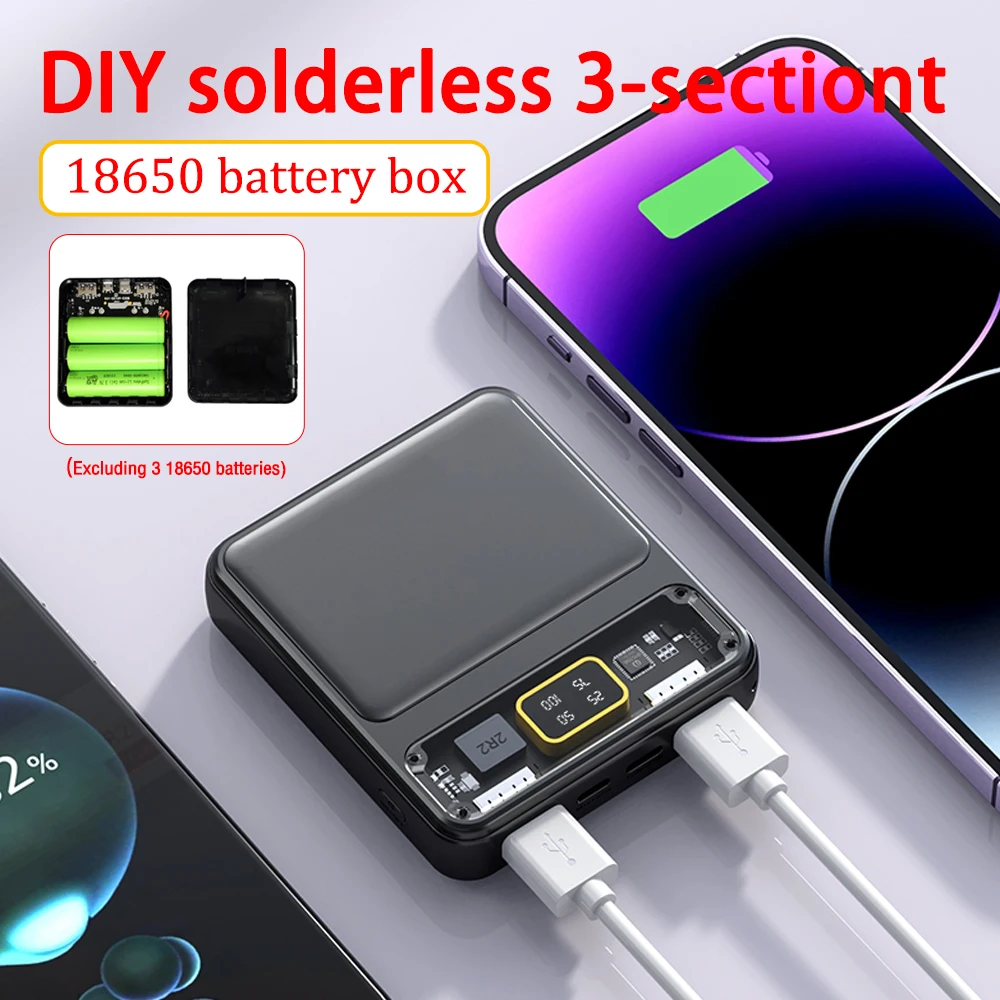 Power Bank Case Power Bank Battery Power Bank Box Power Bank Shell Kit with Digital Display 3-section 18650 Battery Pack No Welding DIY Transparent Accessories
