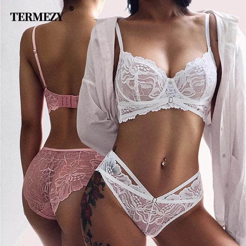 

TERMEZY Ultra-thin Cup Sexy Brassiere French Lace Embroidery Lingerie Women's Underwear Push Up Bralette Fashion Bra Panty Set