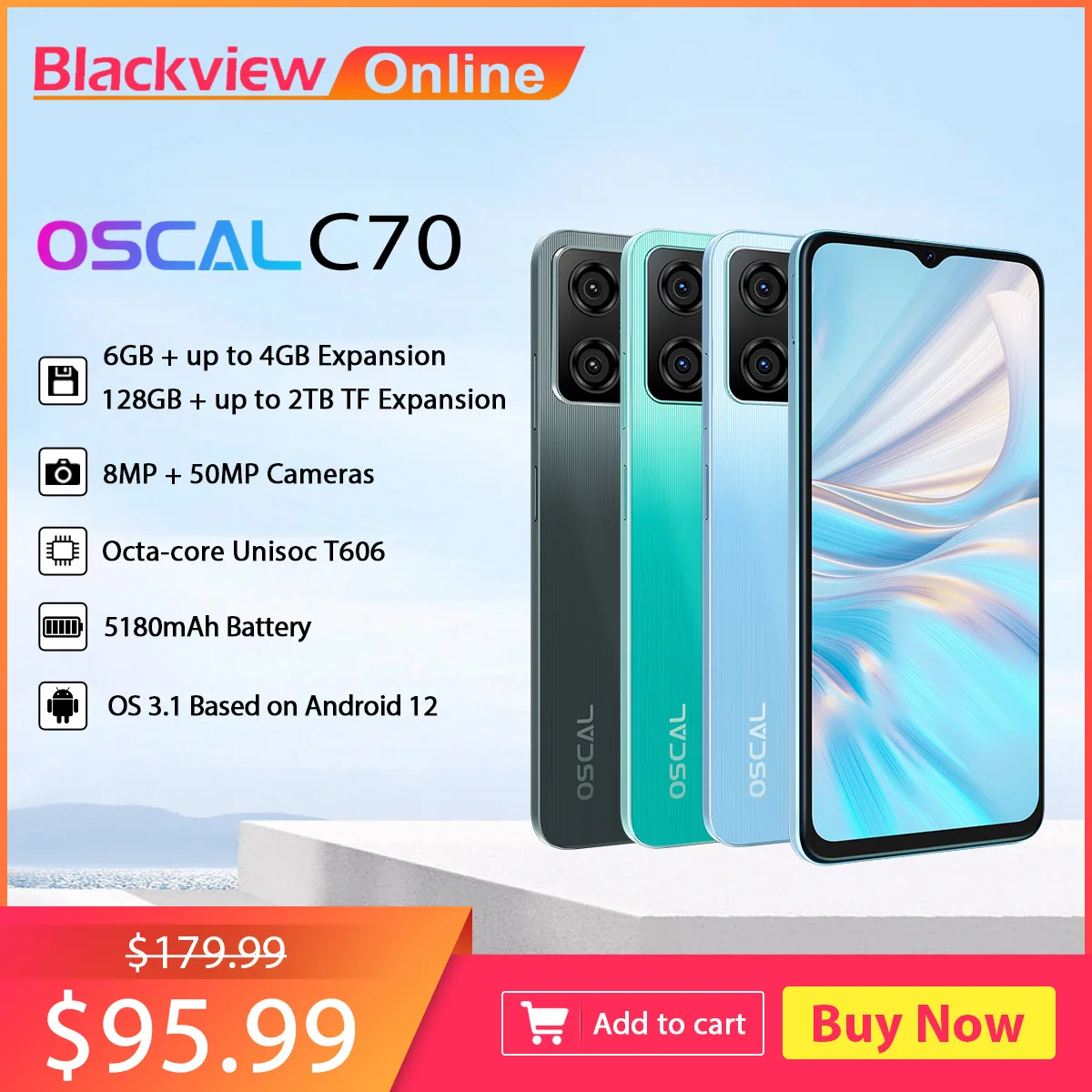 Smartphone Blackview Téléphone Portable Pas Cher OSCAL C70 10Go+128Go/1To  Extensible,Android 12, Octa-Core,50MP+8MP, 5180mAh, 6.56 HD+, 4G Dual SIM  ,Face ID - Bleu