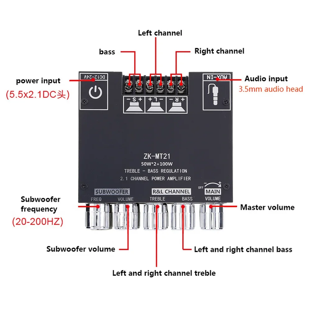 ZK-MT21 2.1 채널 BT5.0 서브우퍼 앰프 보드, 극장 오디오 스테레오 이퀄라이저, AUX 디지털 파워 서브우퍼 앰프, 2x50W + 100W
