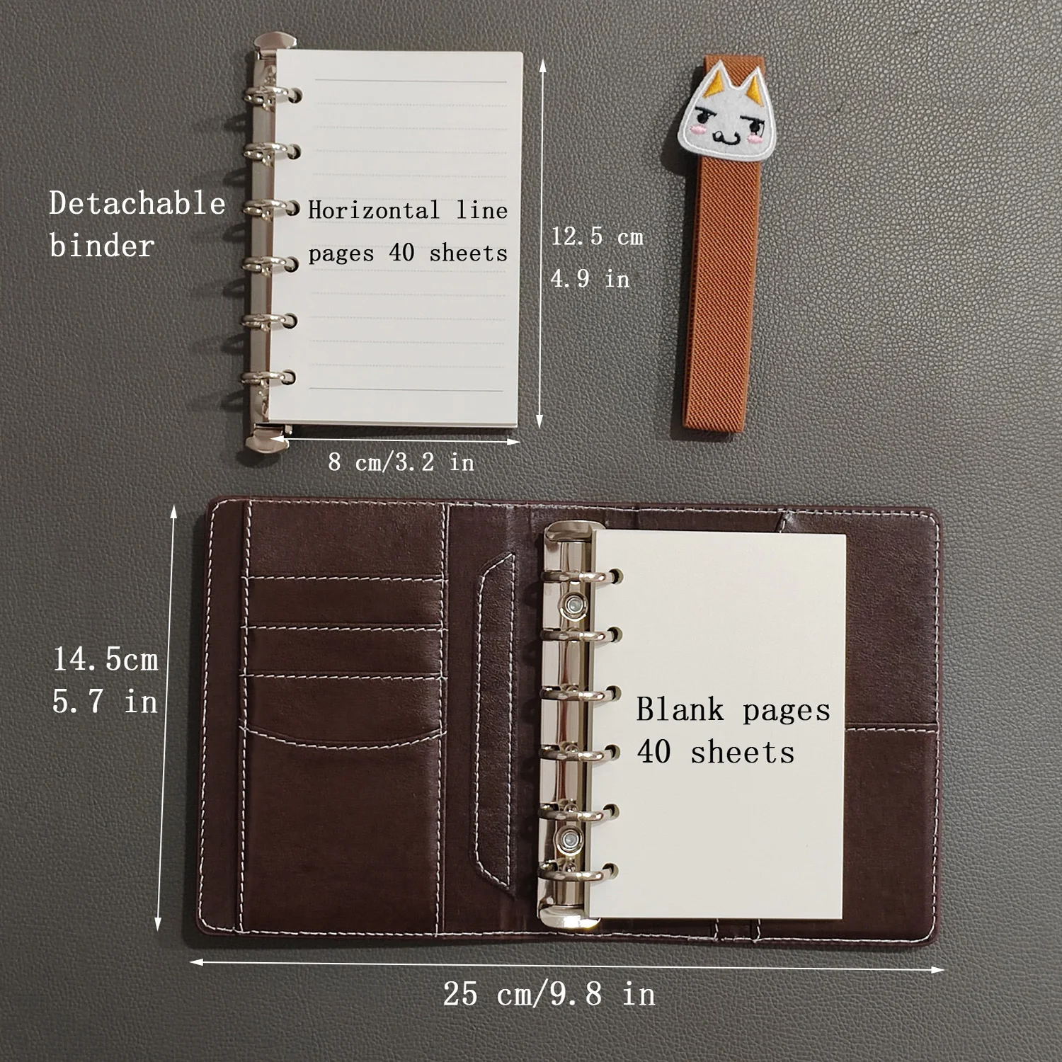 2 binders A7 notebook detachable loose-leaf dark brown notepad portable faux leather schedule planner，whith 80 pages 6