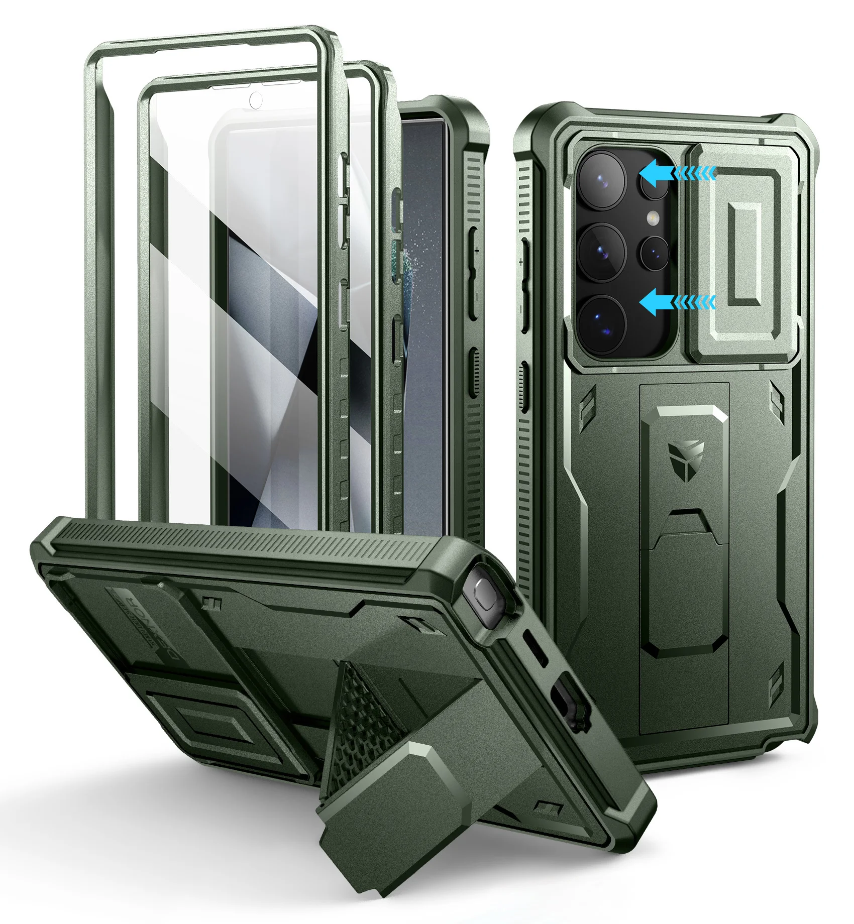 Full Body Rugged Phone Case with Camera Cover, Built-in Screen Protector, and Kickstand