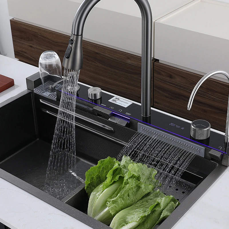 304 Stainless Steel Kitchen Sink Double Waterfall Single Slot Integrated Digital Display Faucet Set Soap dispenser Cup Washer 5