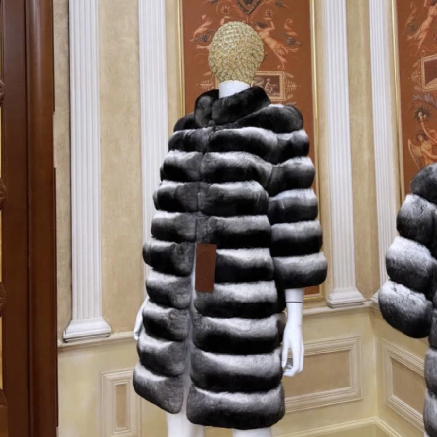 冬の女性の天然毛皮コートロングリアルレックスラビットファーコート