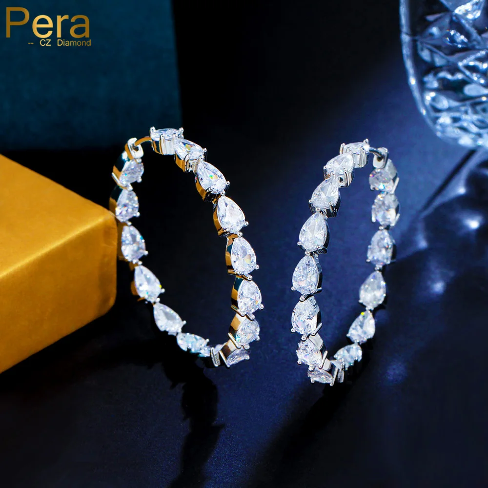 Pera Genuine Clear White Cubic Zirconia Large Circle Round Hoop Orecchini Prom Night Party Jewelry Per Accessori Donna E532