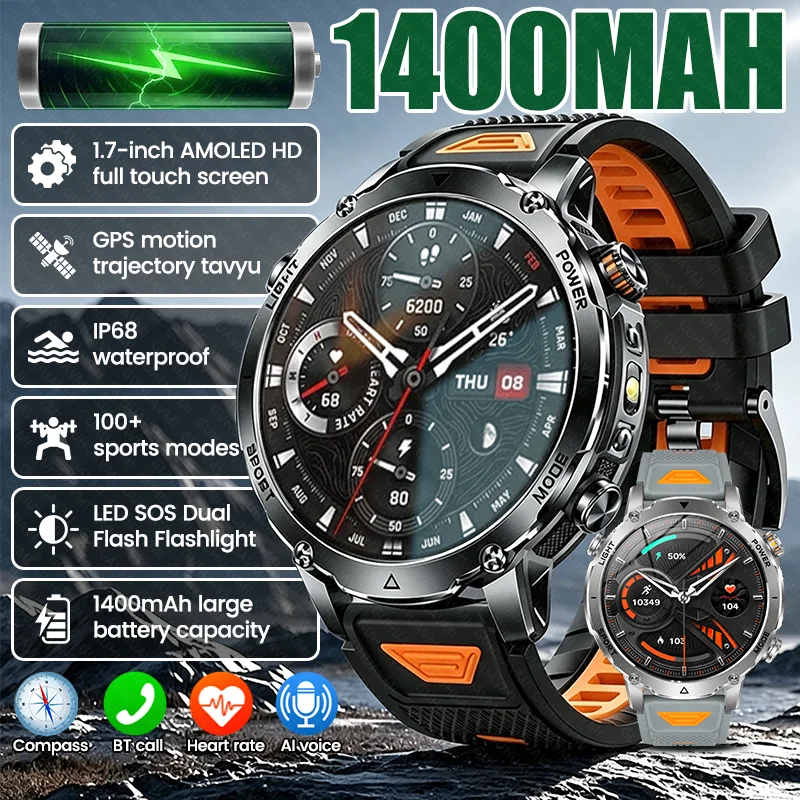 Montre connectée militaire d'extérieur pour hommes, batterie 1400mAh, GPS, suivi SOS, lampe de poche, étanche IP68, appels Bluetooth, nouvelle collection 1