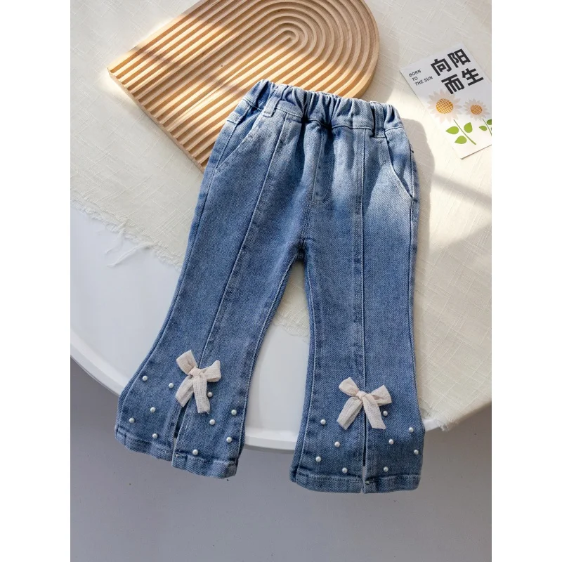 

Girls' Pearl Lace Bow Jeans Spring and Autumn New Baby Western Style Bootcut Trousers Spring Casual Pants Tianxbb