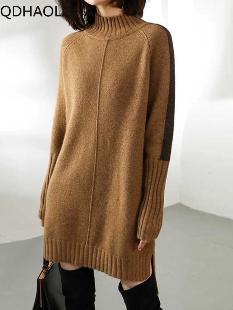 

Women's Sweater Half High Neck Long Pullovers Fashion Casual Hip Wrap Dress Loose Knit Bottom Shirt Thick Tops Womens Clothing